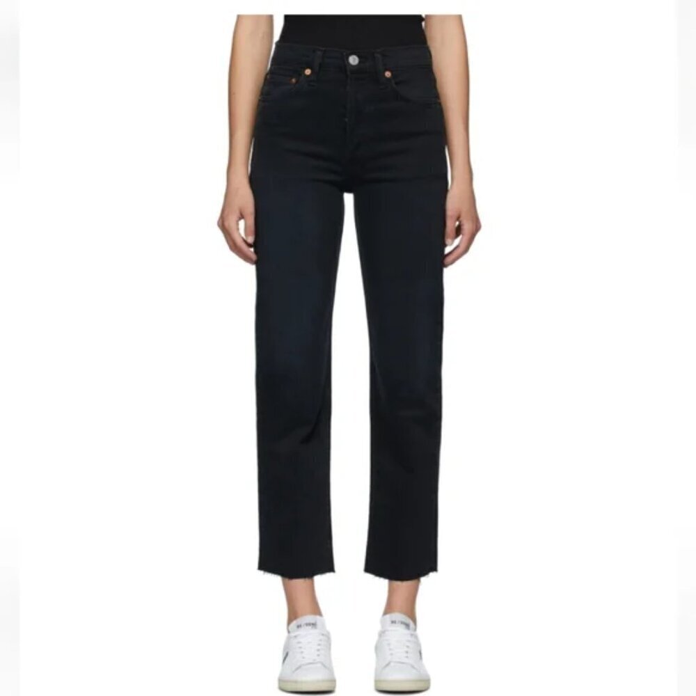RE/DONE Stove Pipe Cropped High-Rise Button Fly Raw Hem Black Jeans s24
